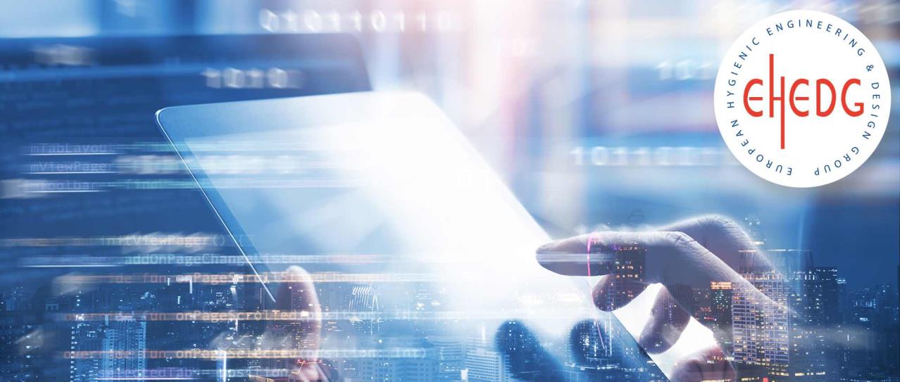 Hand mit Tablet und Digitalisierungsmotiv und EHEDG-Logo im Hintergrund