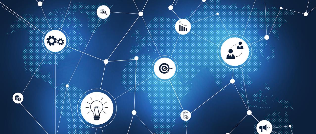Globe with networked gears, light bulb, target, diagram, globe and networked people